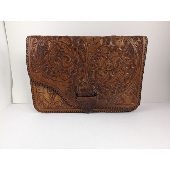 Unbranded Handbags - VINTAGE Hand Tooled Leather Western Floral Clutch / Hand Bag Purse 11" x 8"